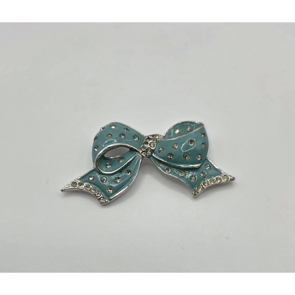Vintage Silver Tone Blue Enamel Bow Brooch Rhinestone Statement Piece
